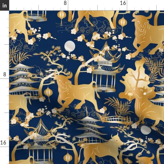 Various Fabrics by the Yard or Fat Quarter Year Toile Chinoiserie Lunar Japanese Pagoda Gold Blue Chinese Spring Landscape Custom Printed Fabric by Spoonflower {2}