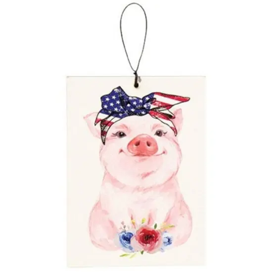 Americana Bandana Piggy Ornament Lightweight White Wood with Pink Pig & American Flag Bandana {1}