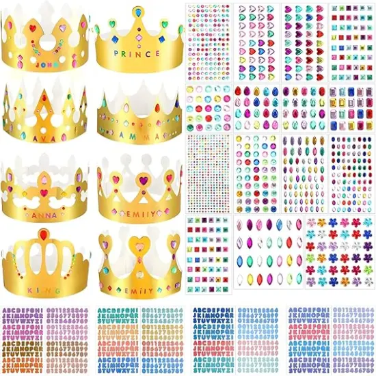 63 pcs Paper Crowns Princess Prince Crown Kids Birthday Party King Hats Gold gem Jewels Number Letter Stickers {1}