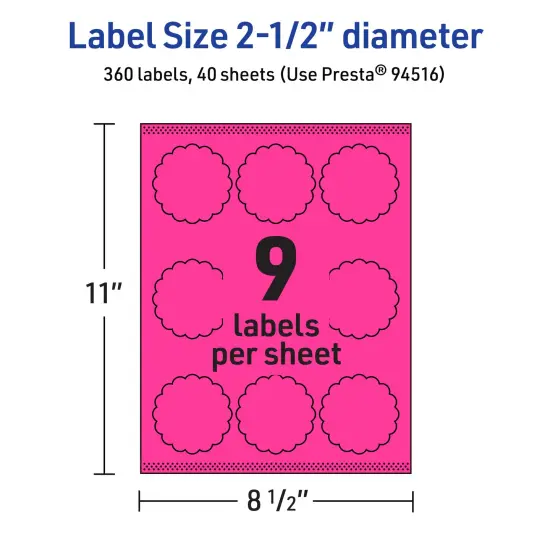 Avery Neon Magenta Paper Labels, 2.5" Diameter Round Scalloped {5}