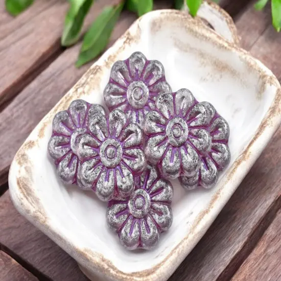 *6* 18mm Purple Washed Transparent Silver Lavender Daisy Flower Beads {4}