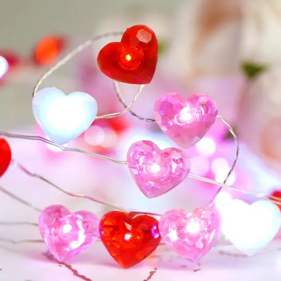 Libreath Valentines Day Decor 10 ft 40 LEDs Red White Pink Heart String Lights Battery Operated Garland Valentines Day Lights with Timer Valentines Day Decorations for The Home Indoor Mother's Day {1}