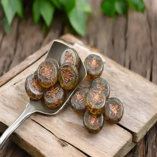 *12* 12mm Copper Washed Amber Bee Coin Beads {2}