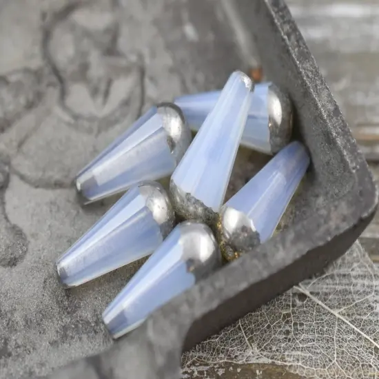 *6* 8x20mm Silver Tipped Crystal Opaline Faceted Drop Beads {4}