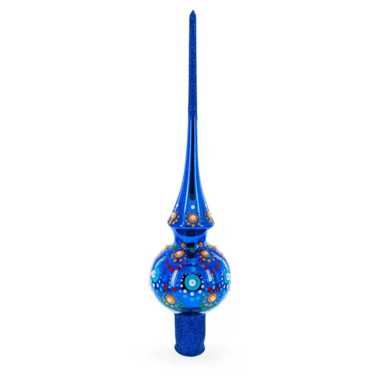 Vibrant Sapphire Blue with Festive Accents Glass Christmas Tree Topper {3}