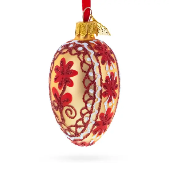 Cream with Red Floral and Lace Accents Mini Glass Egg Ornament 2.9 Inches {4}