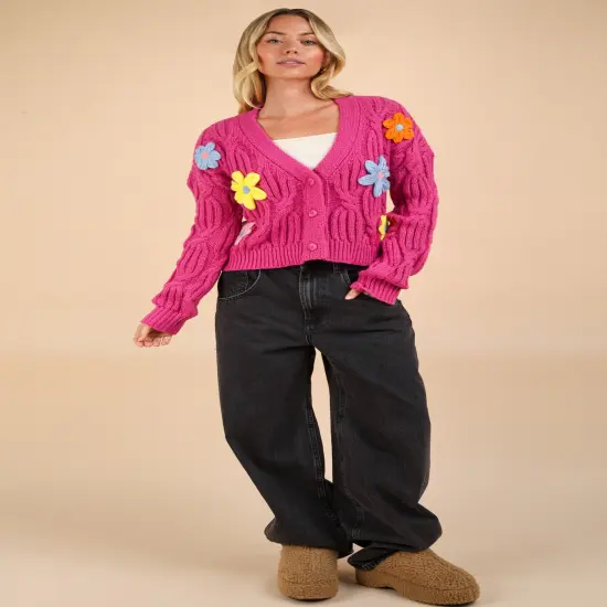 Plus Size Flower Applique Lovely Knit Sweater Cardigan HOT PINK {1}