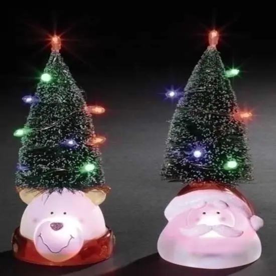 Roman 9.5" LED Lighted Green Tree with Santa Head Christmas Figure Red {1}