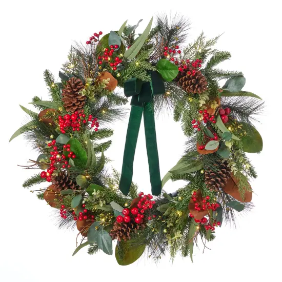 Christmas Magnolia Leaf, Eucalyptus, and Berry 28in Wreath, Pre-Lit with 35 LED Fairy Lights B/O {1}