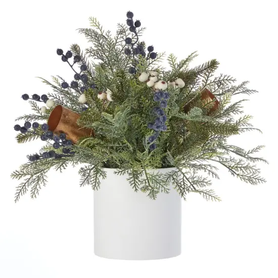 Christmas Mixed Mica Foliage with Blueberries and Harmony Bells 19in Arrangement in Ceramic Pot {1}