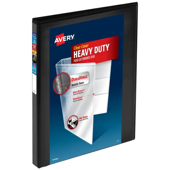 Avery Heavy-Duty View 3 Ring Binder, 0.5 Inch One Touch Slant Rings, 135-Sheet Capacity, DuraHinge, 0.7 Inch Wide Spine, Customizable Clear Cover and Spine, 1 Black Binder (79381) {1}