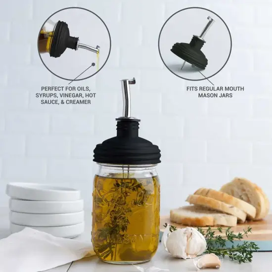 reCAP Mason Jar Pour Spout and Olive Oil Dispenser, Regular Mouth, Made in the USA, Leak-proof and Freezer-proof, Black {5}