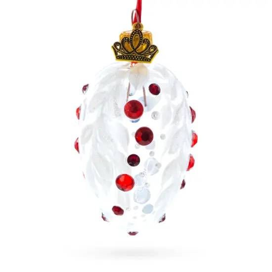 White with Red Gem Accents and Leaf Design Mini Glass Egg Ornament 2.9 Inches {1}