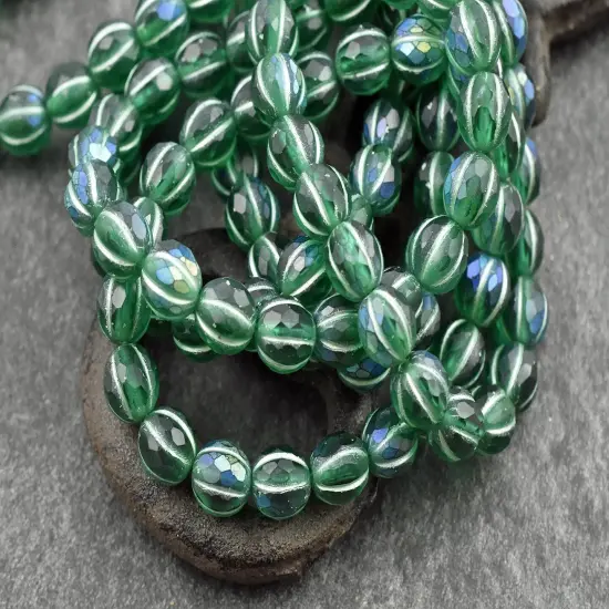 *20* 8mm Green Washed Matte Emerald AB Faceted Round Melon Beads {4}