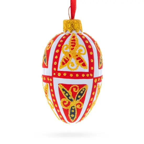 Red & Gold on White Floral Design Mini Glass Egg Ornament 2.9 Inches {3}