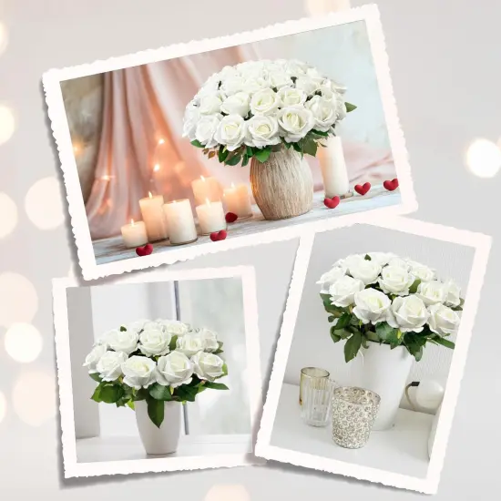 Fake Velvet Silk White Roses with Long Stems Realistic Bouquet for Wedding Centerpieces {2}