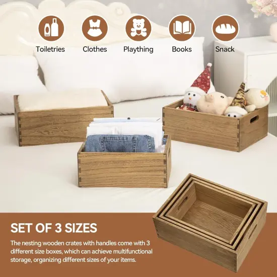 Nesting Wooden Crates with Portable Handles for Home Organizer - Wood Rustic Decor Farmhouse Boxes / Basket Rolling Trays set of 3 Dark Brown {2}