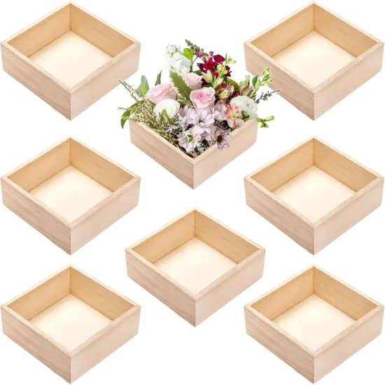 8 Pack Unfinished Wooden Box, 6 x 6 Inch Square Rustic Wooden Box Storage Organizer Boxes Small Wood Boxes for Crafts {1}