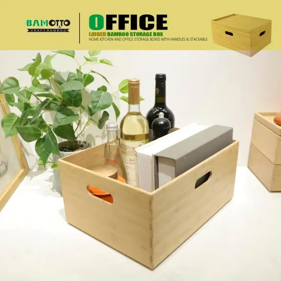 Lidded Bamboo Storage Bins & Box/Cube/Basket, Home Kitchen and Office Storage Boxes with Handles & Stackable for Organizer Tableware, Clothing, Toys, Office Shelf Books, 14.6&rdquo;x10.2&rdquo;x6.5&rdquo; {4}