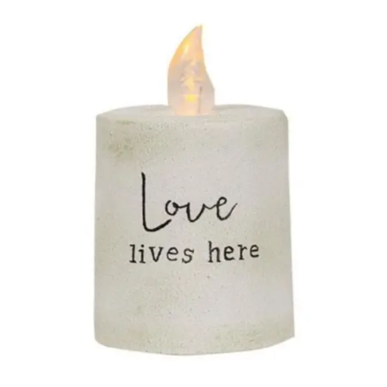 Love Lives Here White Cement Flame Timer Pillar 2.25" x 2.5"H {1}