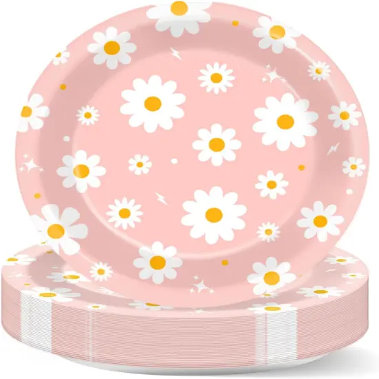 48 PCS Daisy Paper Plates 7 Inch Daisy Flower Party Groovy Tableware Pink Groovy Boho Dessert Plates Decorations for Birthday Baby Shower Wedding Disposable Party Favors {1}