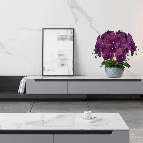 6 Pcs Artificial Phalaenopsis Flowers with 4 Bundles Leaves Artificial Orchid Flowers Stem Plants for Home D&eacute;cor (Purple Piebald) {4}