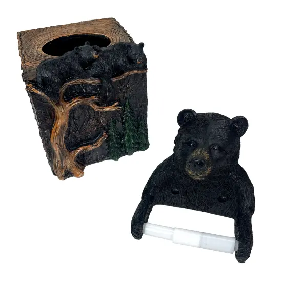 Set of 2 Bear Tissue Box Cover & Toilet Paper Holder, Resin, Rustic Lodge {1}