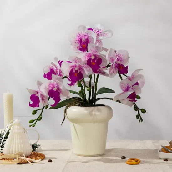 Faux Artificial Orchid Flowers in Vase, Real Touch Orchid in Pot Orquideas Fake Flowers for Home Decoration Indoor Decor Living Room Dinning Table Centerpiece (Cream Vase, White Purple) {2}