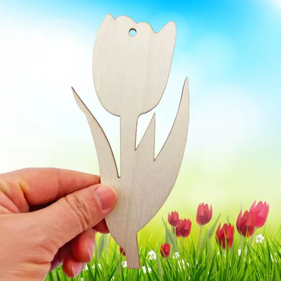 20 Pcs 6 Inch Unfinished Wood Tulip Flower Cutouts DIY Crafts Wooden Tulips Shaped Hanging Ornaments with Hole Hemp Ropes for Spring Party Decoration {4}