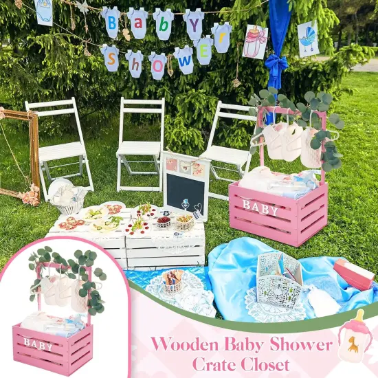 Large Wooden Baby Shower Crate Closet with Handle and Garland, 17.7inch Baby Shower Basket for Newborn Girl Boys Gifts Pregnancy New Parent(Pink) {5}