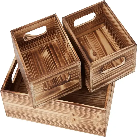 Wooden Crate Stackable Decorative Wood Crates set of 3 for Storage Display Rustic Nesting Box Basket Home Decoration Boxes Container Bin with Handles Farmhouse Decor,Solid Pine,L+M+S {1}