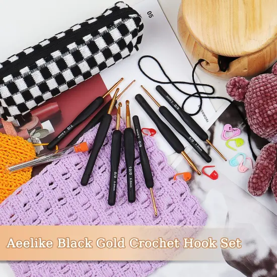 31pcs Crochet Hook Set, Black Gold Crochet Hooks Ergonomic with Grips for Arthritic Hands, Crochet Needles Set with Knitting & Crochet Supplies, Ideal Crochet Gift for Crochet Beginner Lover {6}