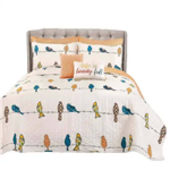 Polyester Birds on Wire Quilt Set with Reversible Design and Decorative Pillows {1}