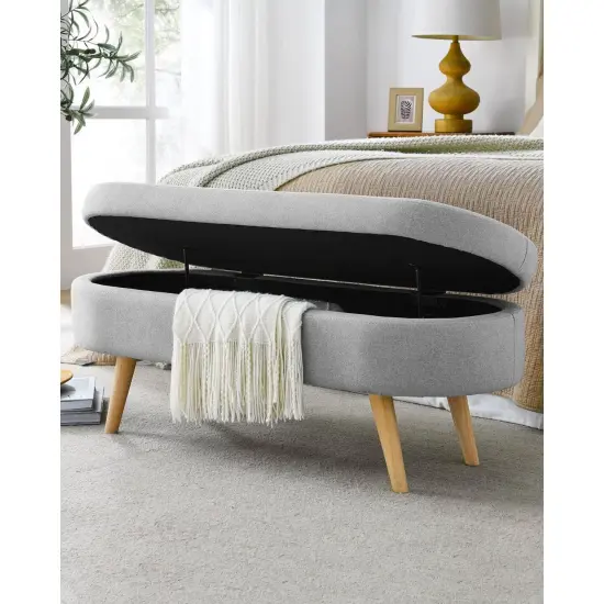 Linen Upholstered Modern Storage Bench with Wood Legs and Flip-Top Off white {6}