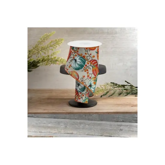 2.5" Pumpkins Bittersweet Ribbon: Light Natural/Teal (10 Yards) {2}