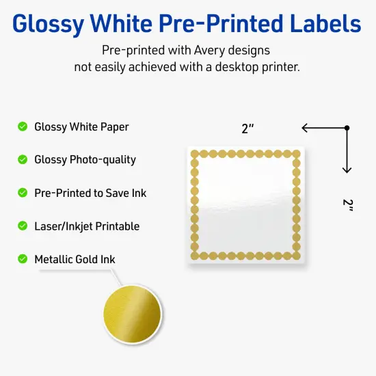Avery Printable Square Labels, Gold Beads, 2" x 2", Glossy White Square Labels, Permanent, Laser/Inkjet, 120ct, Great for Product Labels {2}