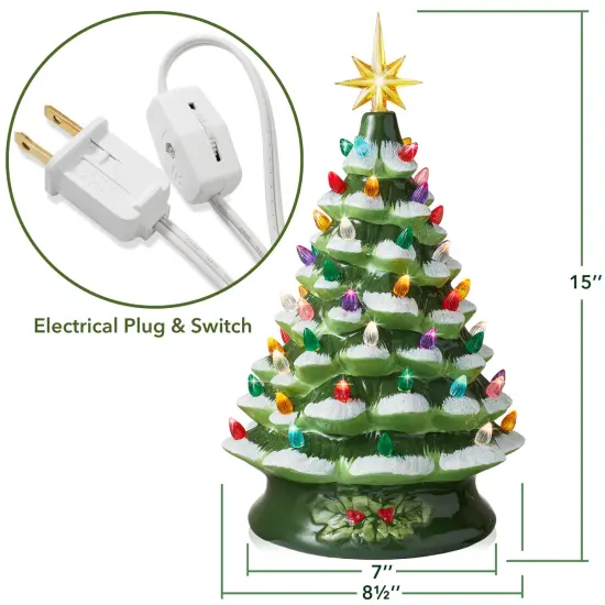 Casafield Hand Painted Ceramic Christmas Tree, Green Snow Flocked 15-Inch Pre-Lit Tree with 128 Multi-color Lights and 2 Star Toppers {6}