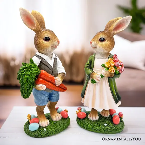 Harvest and Bloom Country Bunny Pair Figurine, 8" Rabbit Garden Statue Set {1}