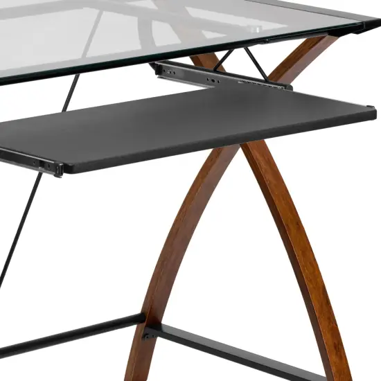 Emma and Oliver Glass Computer Desk-Pull-Out Keyboard Tray & Crisscross Frame ClearTop/CherryFrame {6}