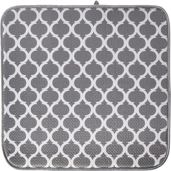 Norpro 16" x 18" Washable Microfiber Dish Drainer Glass Drying Mat Pad - Grey Trellis Pattern {4}