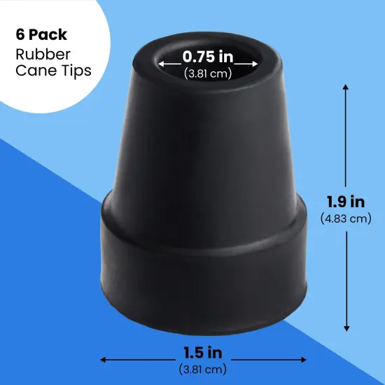 6 Pack Replacement Rubber Cane Tips for Canes, Walking Sticks, Walkers (Black, 3/4 Inch Tip) {2}