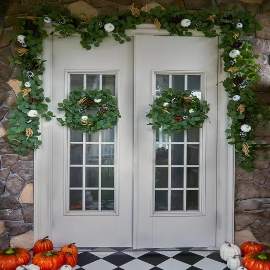 9Ft Autumn Maples Leaf Pumpkin Berry Fall Garland - Eucalyptus {3}