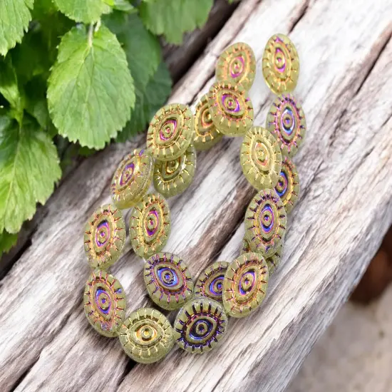 *10* 14x11mm Metallic Volcano Washed Matte Peridot Mystic Eye Beads {1}