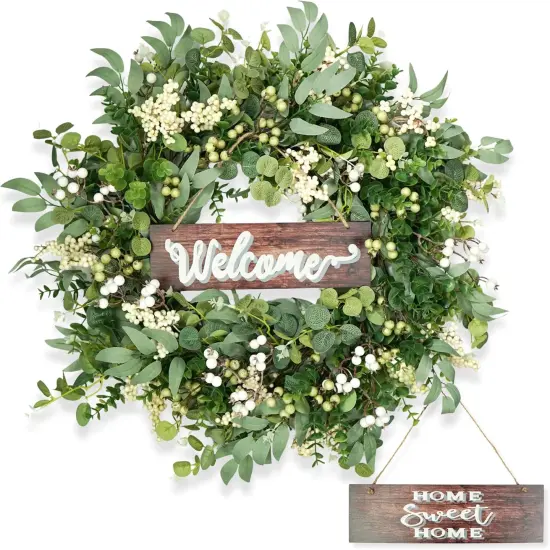 Artificial Eucalyptus Leaf, Boxwood Wreath with Berries, 24 Inches, Indoor/Outdoor, Spring Greenery {5}