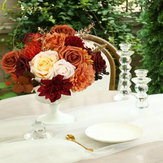 Artificial Flowers Orange Burgundy Combo Box Set {3}