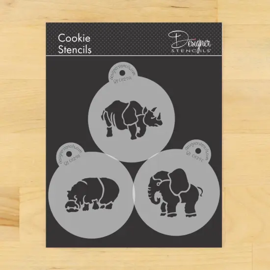 Safari Animals Cookie Set: Rhinoceros, Hippopotamus, Elephant | C829 by Designer Stencils | Cookie Decorating Tools | Baking Stencils for Royal Icing, Airbrush, Dusting Powder | Reusable Plastic Food Grade Stencil | Easy to Use & Clean Stencil {1}