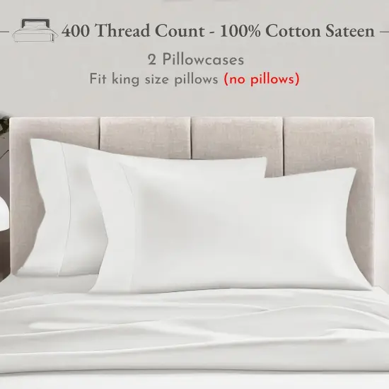 King Size Pillowcase Set - 400 Thread Count, 100% Cotton Sateen, Luxury Set of 2 Pillow Covers, Breathable, Cooling {4}