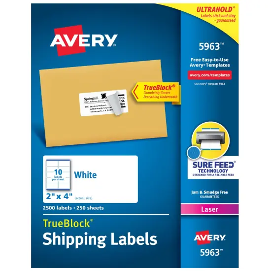 Avery Printable Shipping Labels with Sure Feed, 2" x 4" Customizable Stickers, White, 2,500 Blank Mailing Labels, Great for Mailing, Shipping, and More (5963) {1}