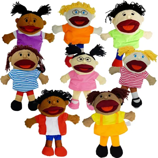 4E&rsquo;s Novelty 8 Pack Multicultural Hand Puppets for Kids with Movable Mouth&mdash;Soft Plush for Puppet Show Theater {1}
