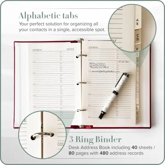 Gallery Leather Large Address Book with Alphabetical Tabs up to 480 records, Leather Notebook Hardcover, Telephone and Address Books - 9x7, Acadia Pool {5}